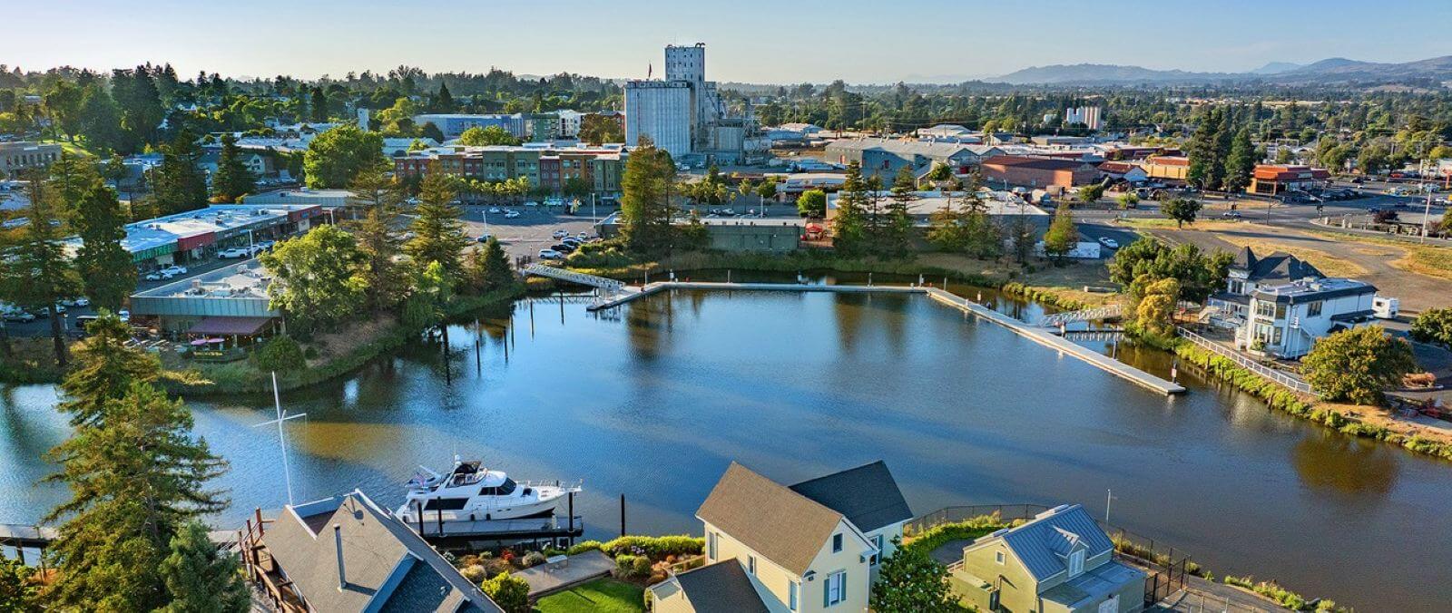 Aerial view of downtown Petaluma and the Petaluma River
